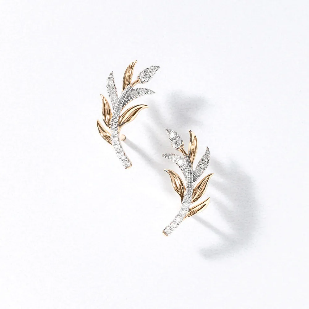 Palm Leaf Stud Earrings in 10K Yellow Gold (0.16 ct tw)