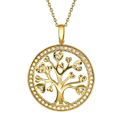 Family Tree Circle Diamond Pendant Necklace in 10K Yellow Gold (0.16ct