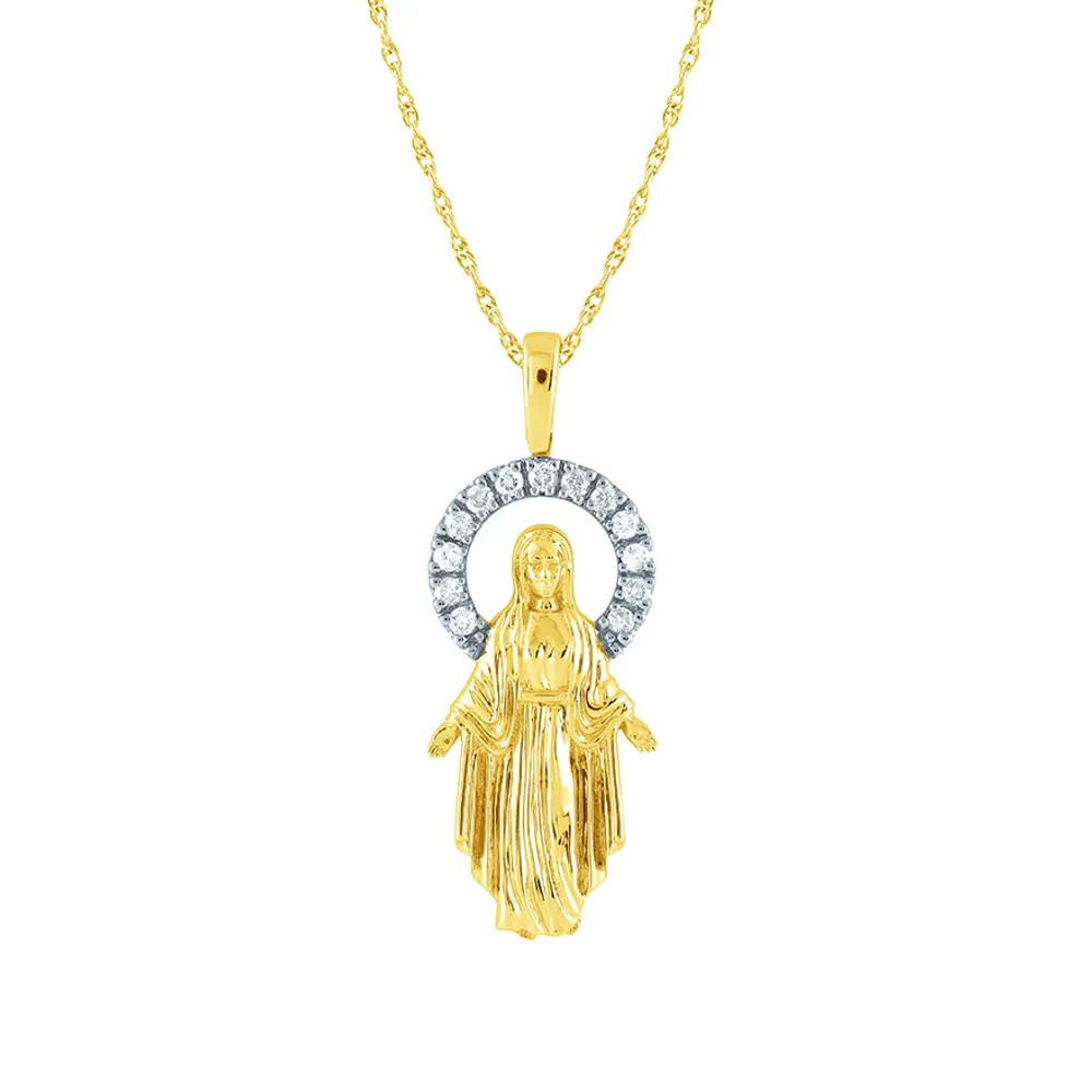 Virgin Mary Diamond Pendant Necklace in 10K Yellow Gold (0.13 ct tw)