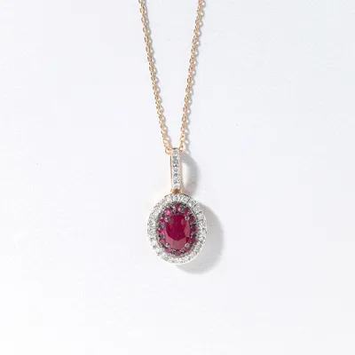 Double Halo Ruby and Diamond Pendant Necklace in 10K Yellow Gold