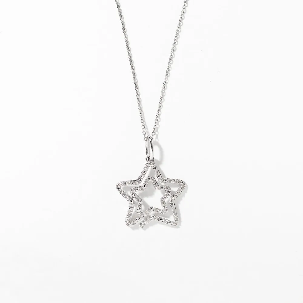 Double Star Diamond Pendant Necklace in 10K White Gold (0.16 ct tw)