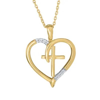 Diamond Accented Heart and Cross Pendant in 10K Yellow Gold (0.03 ct t