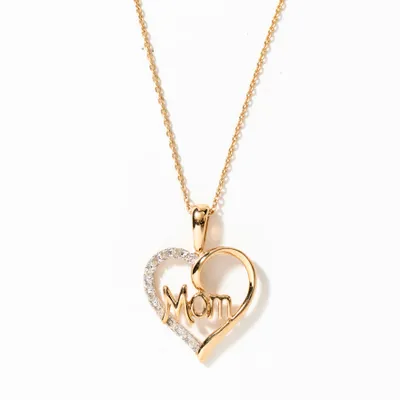Diamond Heart “Mom” Pendant Necklace in 10K Yellow Gold (0.08 ct tw)