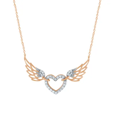 Heart and Angel Wing Diamond Necklace in 10K Rose Gold (0.16 ct tw)