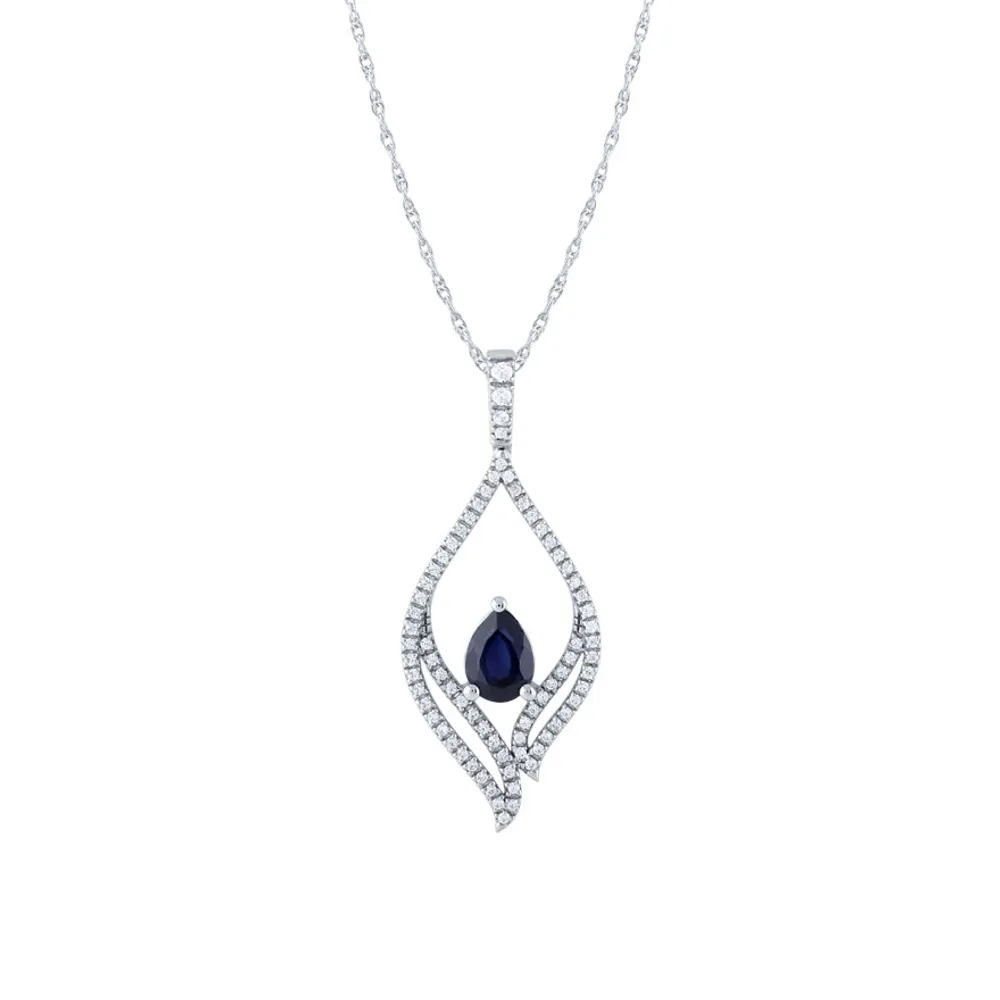 Pear Shape Sapphire and Diamond Pendant Necklace in 10K White Gold