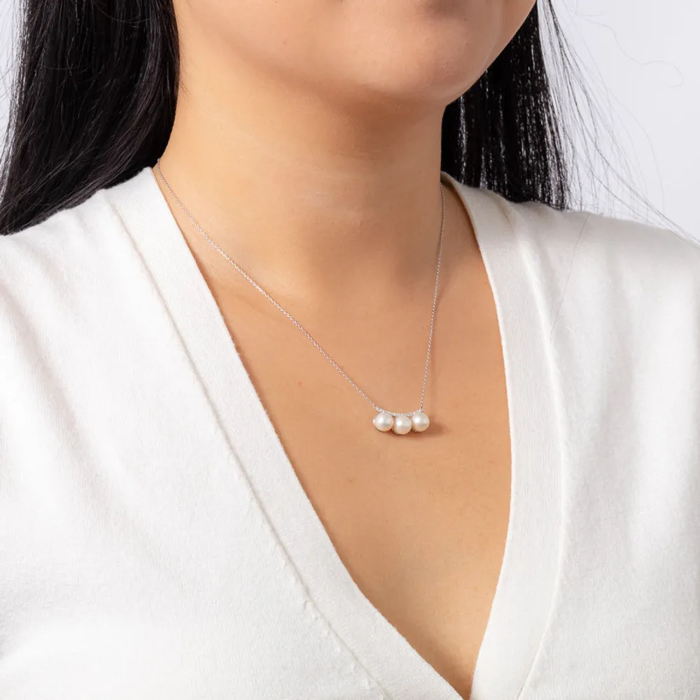 Triple Pearl and Diamond Necklace in 10K White Gold