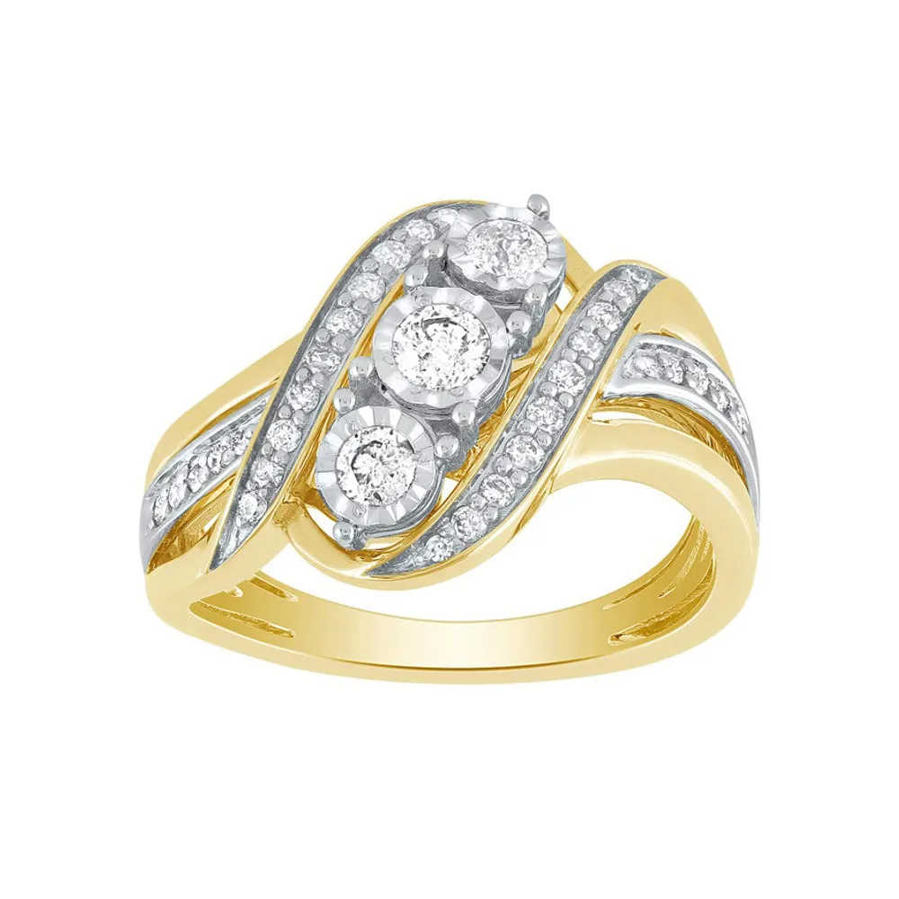 Three Stone Fashion Ring With Diamond Accents 10K Yellow and White