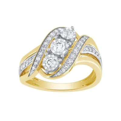 Three Stone Fashion Ring With Diamond Accents 10K Yellow and White