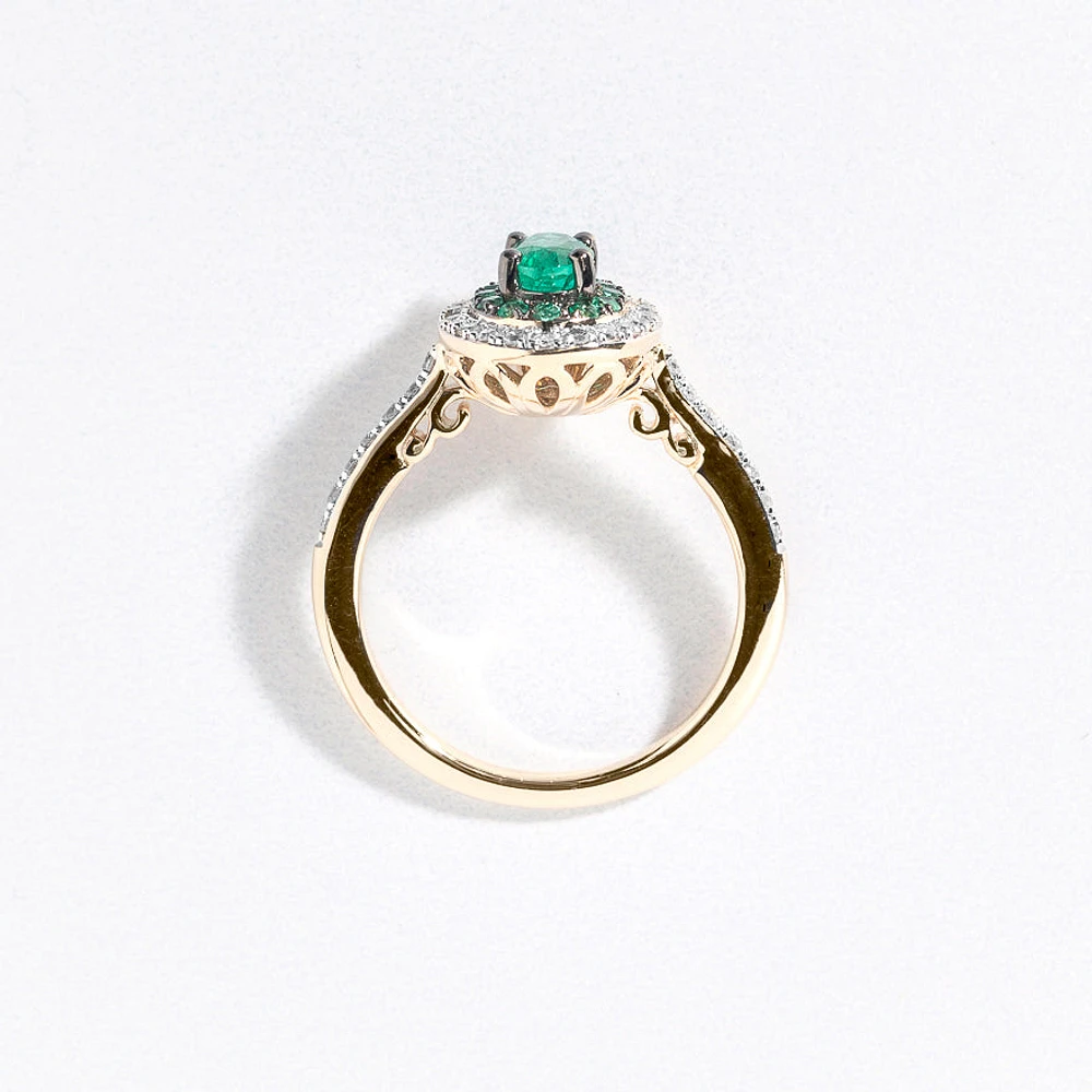 Double Halo Emerald and Diamond Ring 10K Yellow Gold