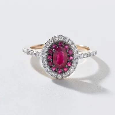 Double Halo Ruby and Diamond Ring 10K Yellow Gold