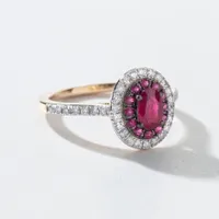 Double Halo Ruby and Diamond Ring 10K Yellow Gold