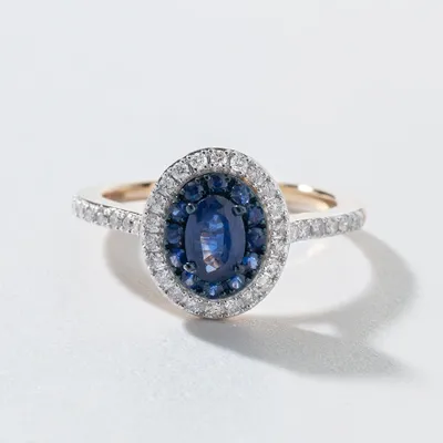 Double Halo Sapphire and Diamond Ring 10K Yellow Gold