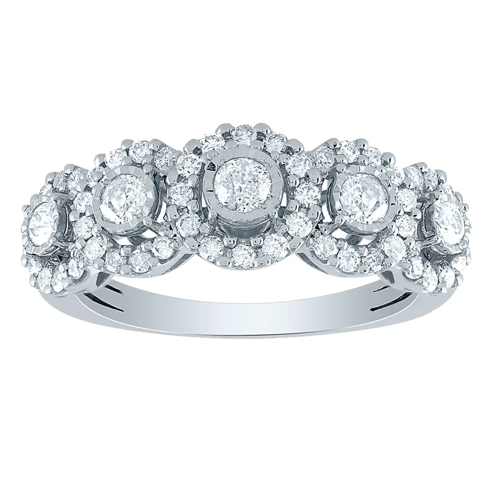 Five Stone Diamond Halo Anniversary Ring 10K White Gold (0.75 ct tw