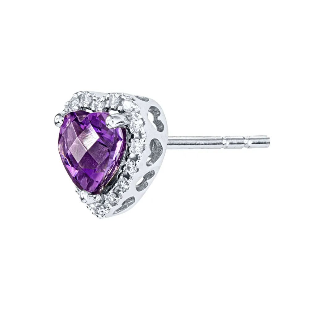 Heart Shape Amethyst and Diamond Earrings in 14K White Gold