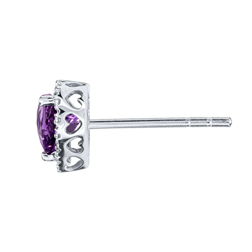 Heart Shape Amethyst and Diamond Earrings in 14K White Gold