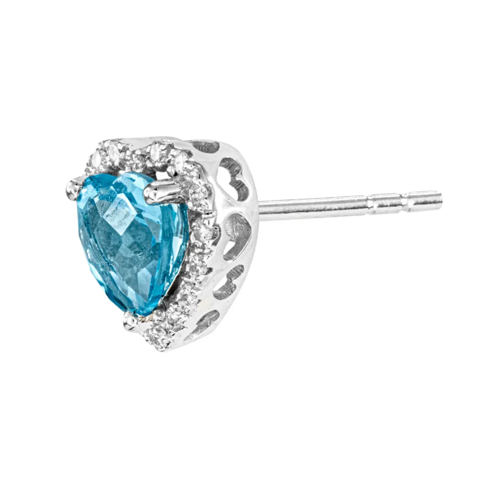 Heart Shape Blue Topaz and Diamond Earrings in 14K White Gold