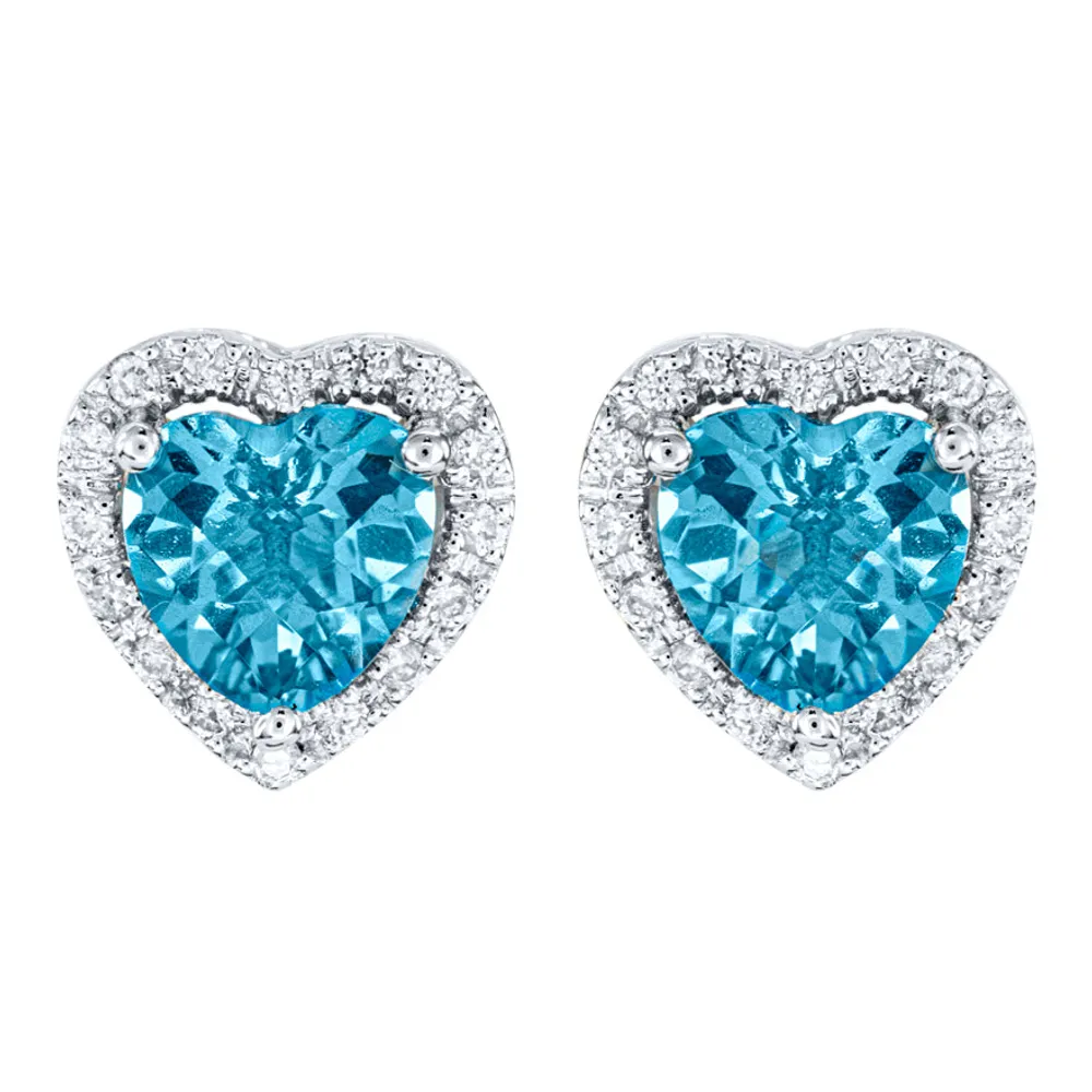 Heart Shape Blue Topaz and Diamond Earrings in 14K White Gold