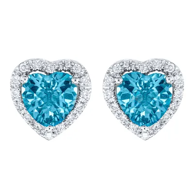 Heart Shape Blue Topaz and Diamond Earrings in 14K White Gold