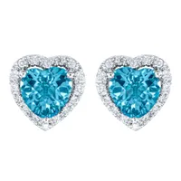 Heart Shape Blue Topaz and Diamond Earrings in 14K White Gold