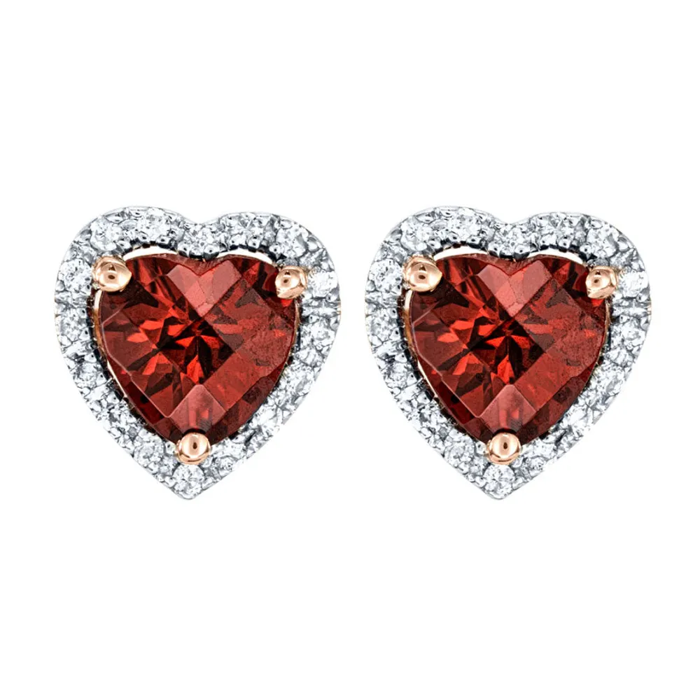 Heart Shape Garnet and Diamond Earrings in 14K Rose Gold