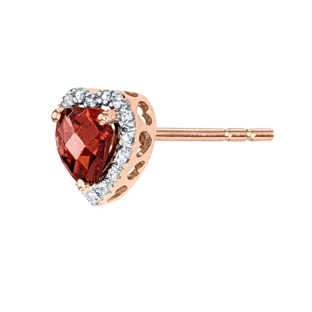 Heart Shape Garnet and Diamond Earrings in 14K Rose Gold