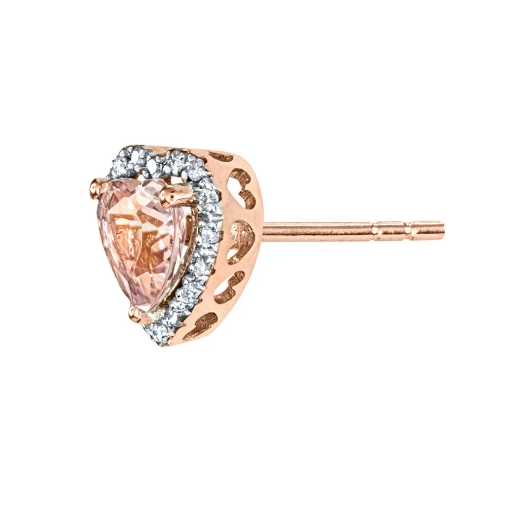 Heart Shape Morganite and Diamond Earrings in 14K Rose Gold (0.10ct tw