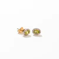 Oval Peridot and Diamond Halo Earrings in 14K Yellow Gold