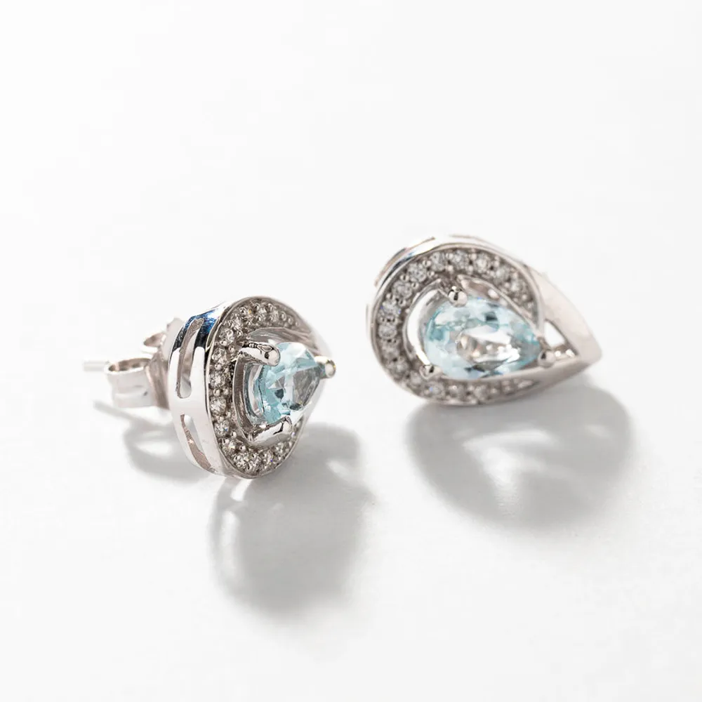 Pear Shape Aquamarine Earrings With Diamond Accents in 10K White Gold