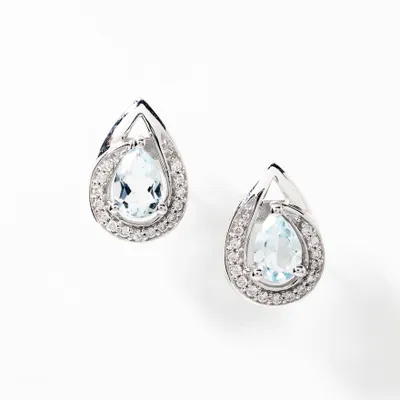 Pear Shape Aquamarine Earrings With Diamond Accents in 10K White Gold