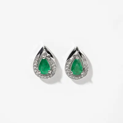 Pear Shape Emerald and Diamond Earrings in 10K White Gold