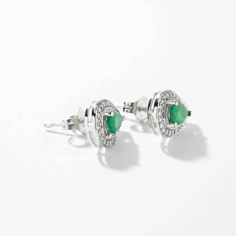 Pear Shape Emerald and Diamond Earrings in 10K White Gold