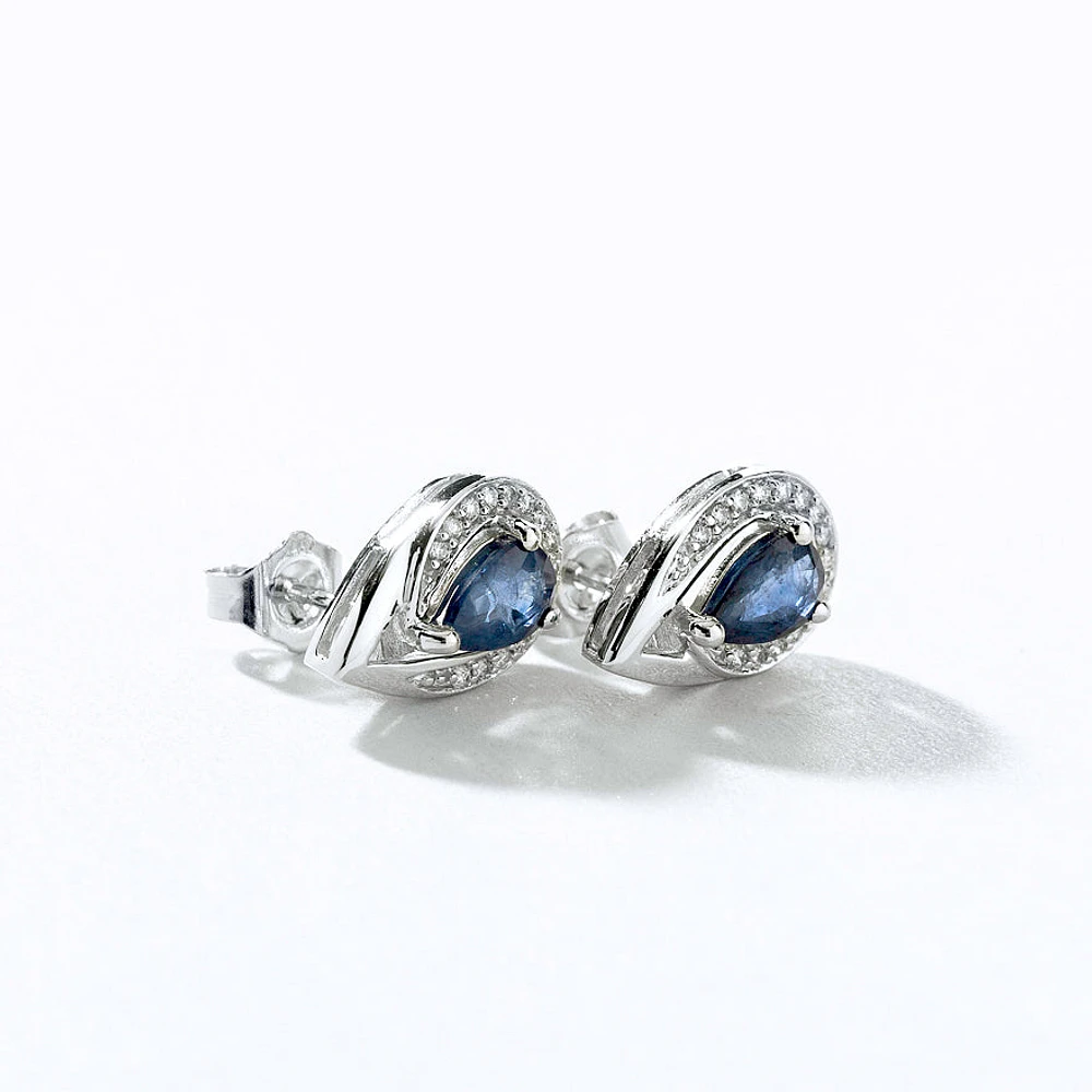 Pear Shape Sapphire and Diamond Earrings in 10K White Gold
