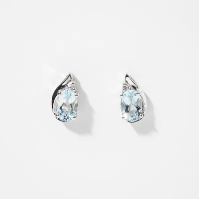 Oval Shape Aquamarine and Diamond Earrings in 10K White Gold