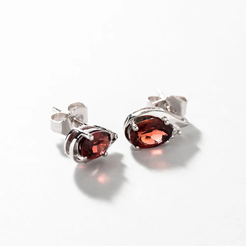 Oval Garnet and Diamond Earrings in 10K White Gold