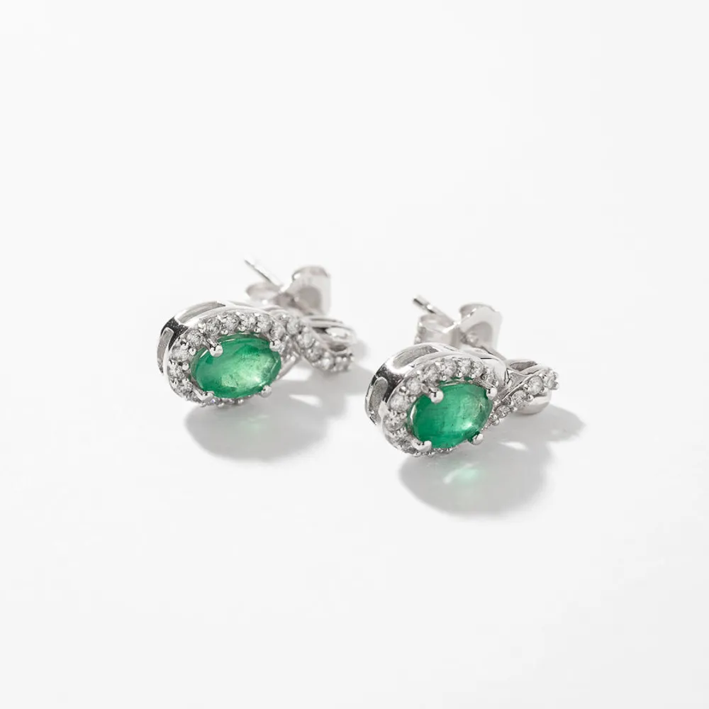 Emerald Earrings with Diamond Accents in 10K White Gold