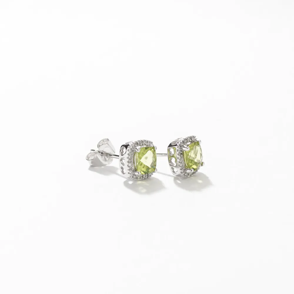 Cushion Cut Peridot and Diamond Halo Earrings in 14K White Gold