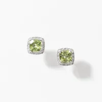 Cushion Cut Peridot and Diamond Halo Earrings in 14K White Gold