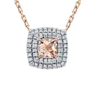 Cushion Shape Morganite and Diamond Necklace in 14K Rose Gold