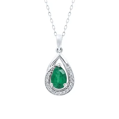 Emerald Pendant Necklace With Diamond Accents in 10K White Gold