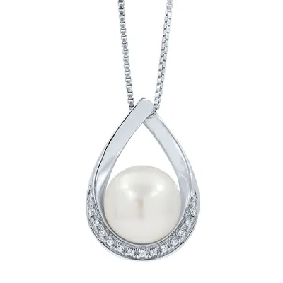 14K White Gold Pearl and Diamond Pendant