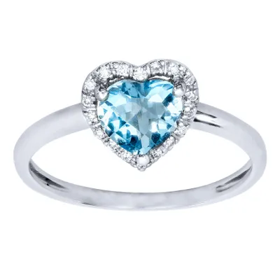 Heart Shaped Blue Topaz and Diamond Ring 14K White Gold