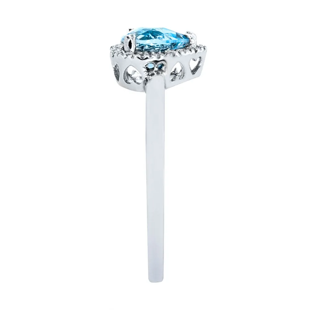 Heart Shaped Blue Topaz and Diamond Ring 14K White Gold