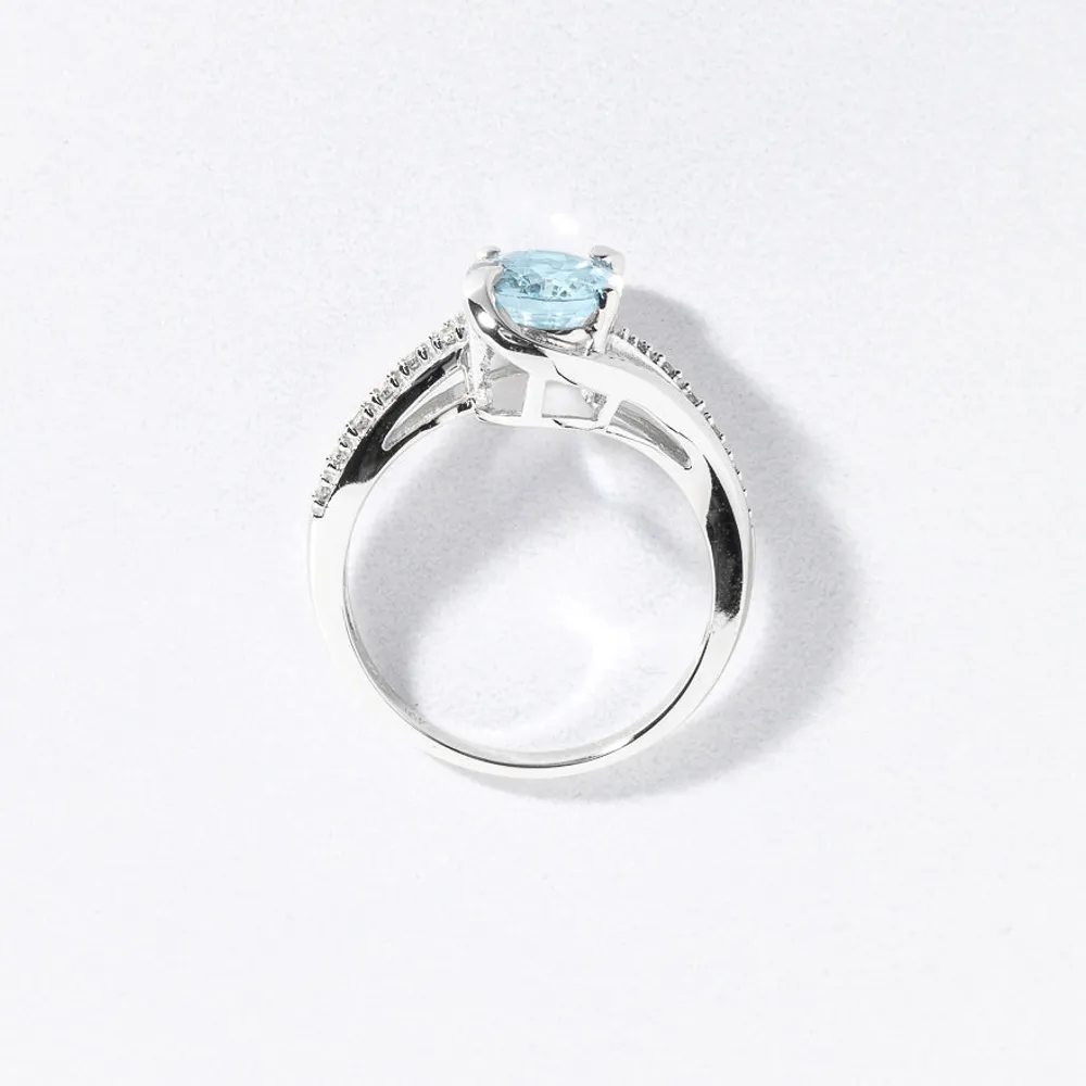 Oval Aquamarine Ring With Diamond Accents 10K White Gold