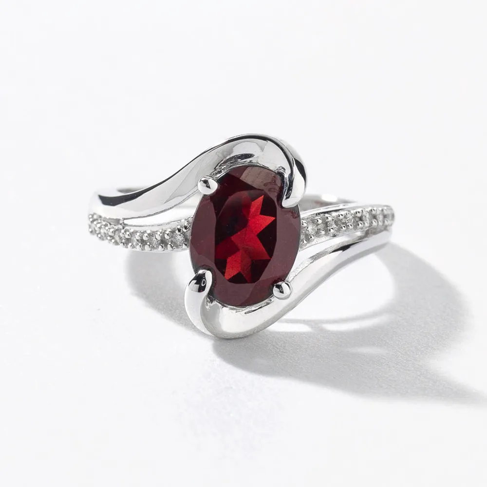 Oval Garnet Ring With Diamond Accents 10K White Gold