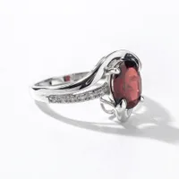 Oval Garnet Ring With Diamond Accents 10K White Gold