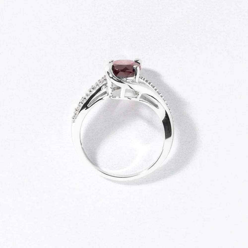 Oval Garnet Ring With Diamond Accents 10K White Gold