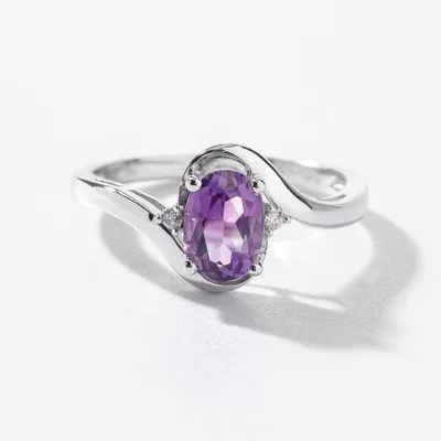 Oval Amethyst Ring With Diamond Accents 10K White Gold