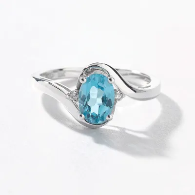 Oval Blue Topaz Ring With Diamond Accents 10K White Gold