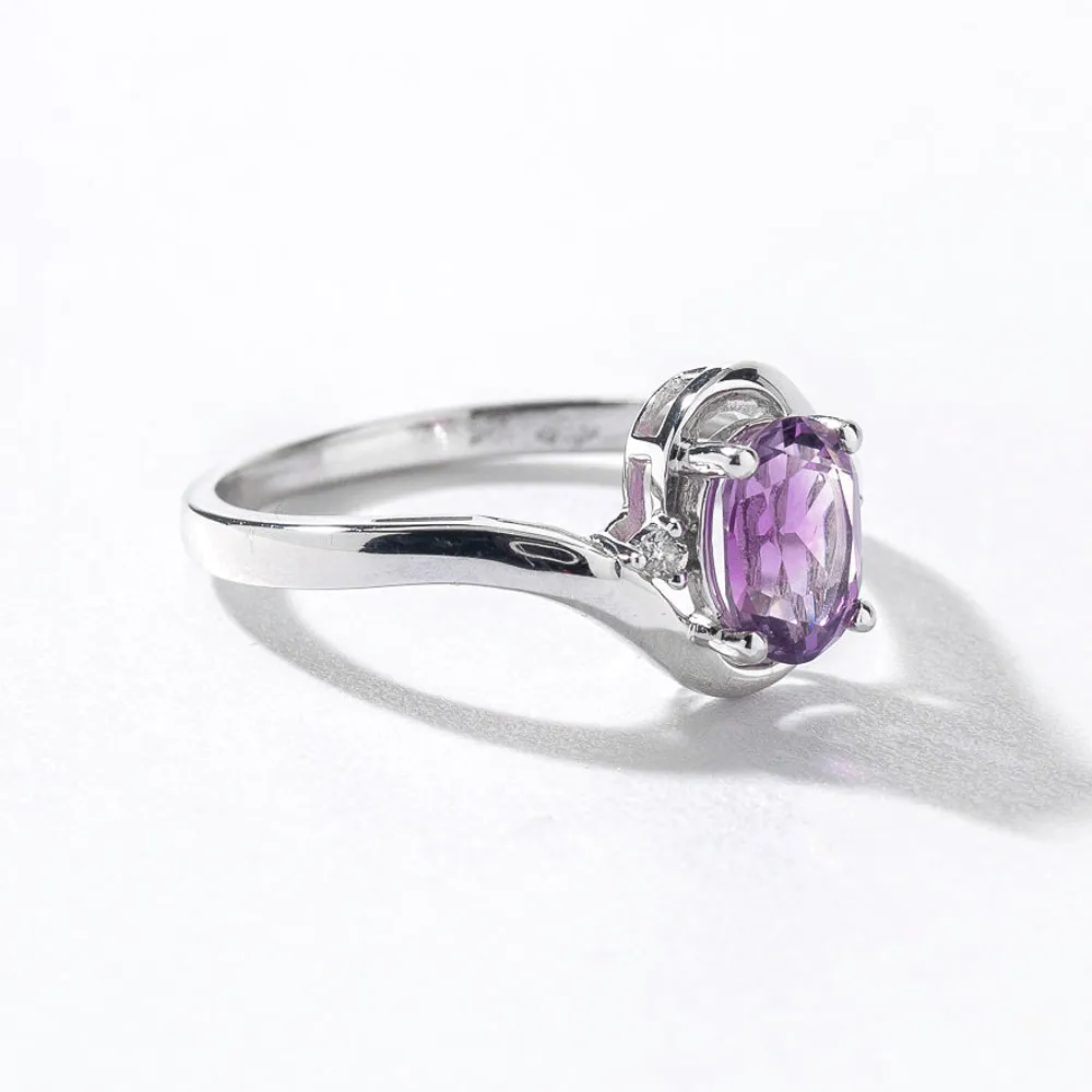 Oval Amethyst Ring With Diamond Accents 10K White Gold