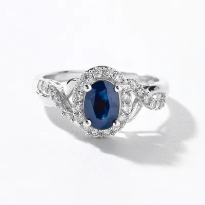 Oval Sapphire Ring With Diamond Accents 10K White Gold